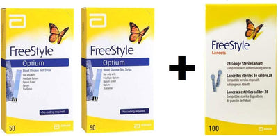 FreeStyle Optium Pack Monitoreo Glucosa: 2 Cajas Tiras c/50 y 100 Lancetas