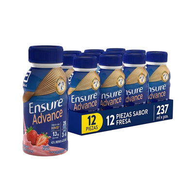 Ensure Advance Fresa 12 Pack 237 ml | Bebida Nutricional con Proteína, Vitaminas y Minerales | Soporte Nutricional Diario