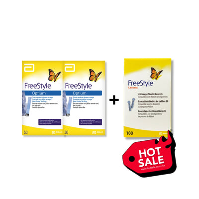 FreeStyle Optium Pack Monitoreo Glucosa: 2 Cajas Tiras c/50 y 100 Lancetas