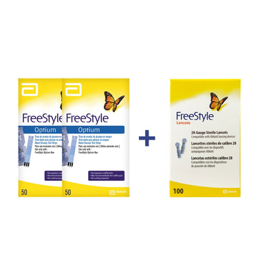 FreeStyle Optium Pack Monitoreo Glucosa: 2 Cajas Tiras c/50 y 100 Lancetas